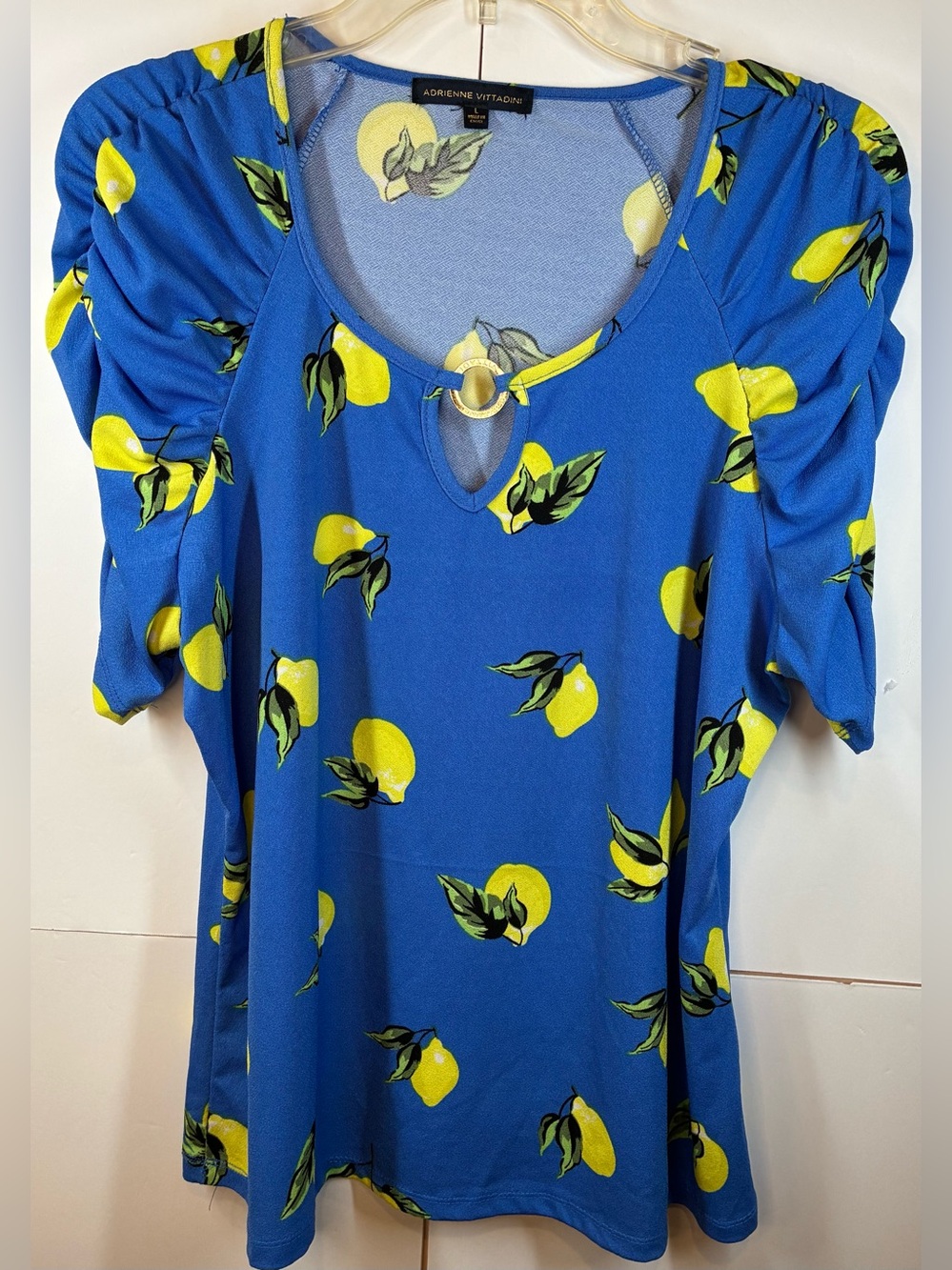 Adrienne Vittadini Blue Lemon-Print Puff Sleeve Top with Ring Keyhole Size Large